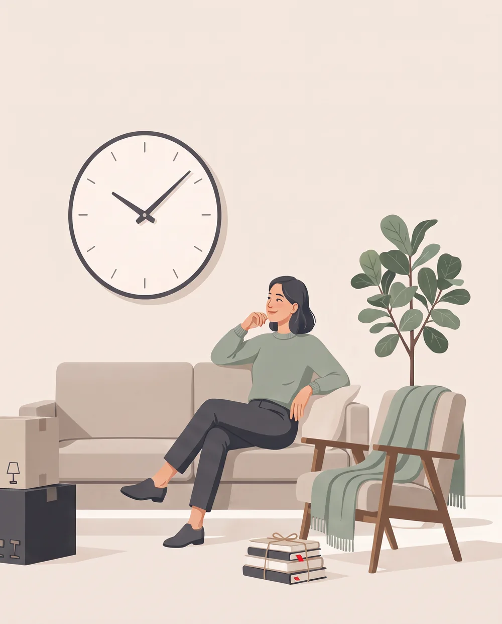 A customer relaxing on the sofa in her new living room, her moving price already settled