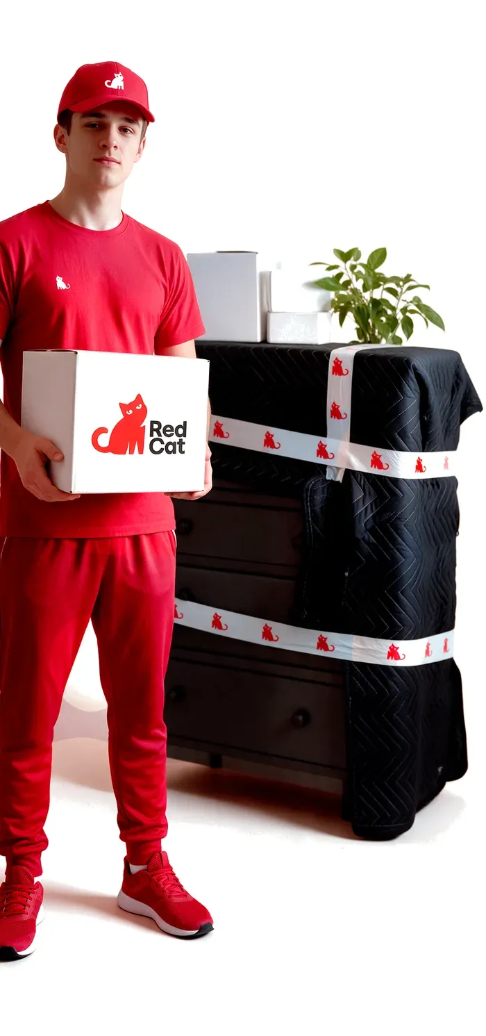 A smiling Red Cat mover carrying a Red Cat box