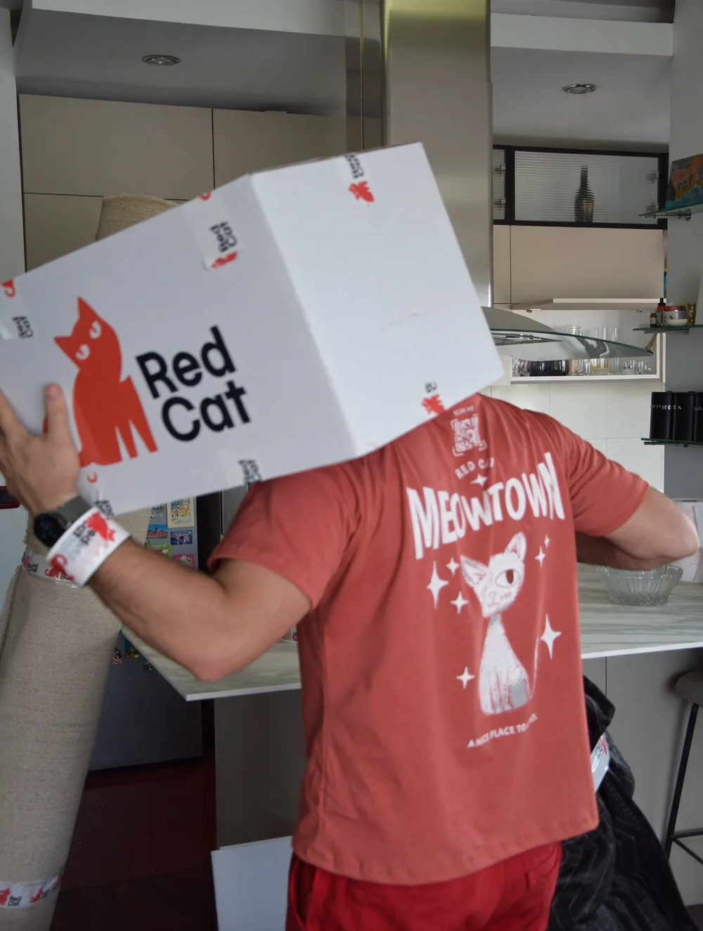 A Red Cat mover carrying a Red Cat box into the kitchen