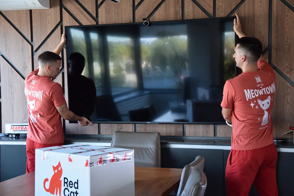 Two Red Cat movers mounting a large TV on the wall