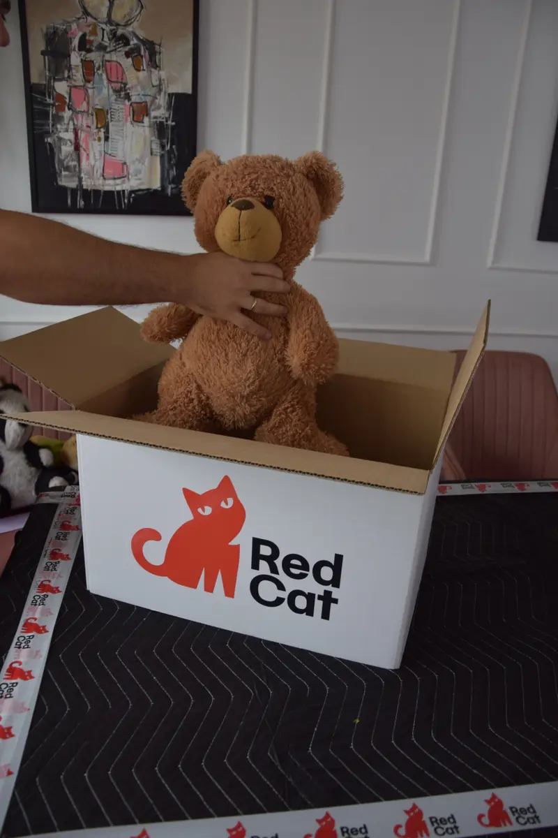 A teddy bear being packed into a Red Cat box