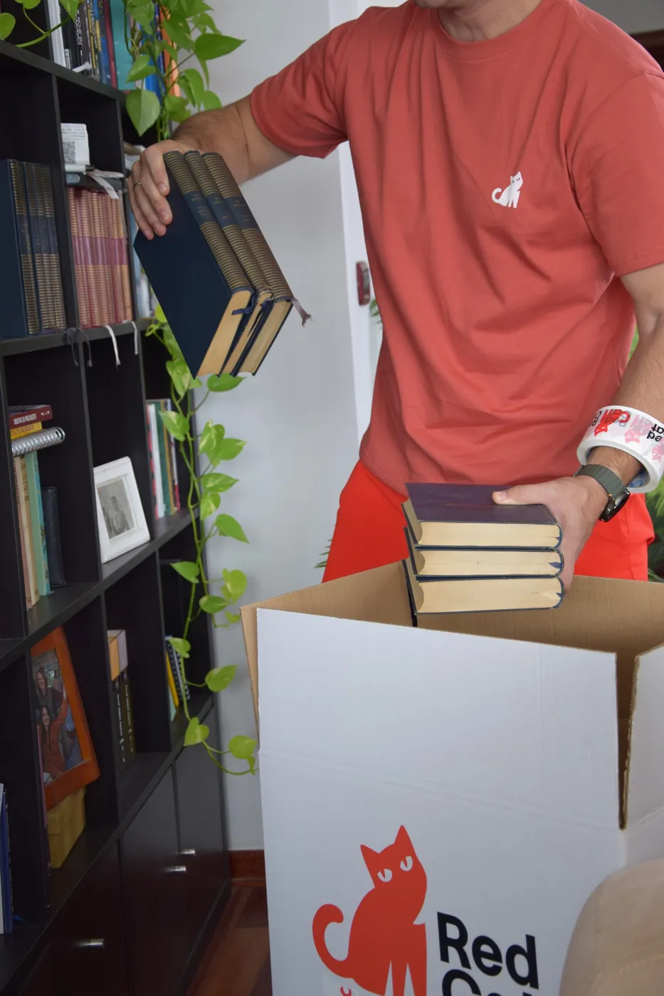 Red Cat mover packing books from a bookshelf into a Red Cat box