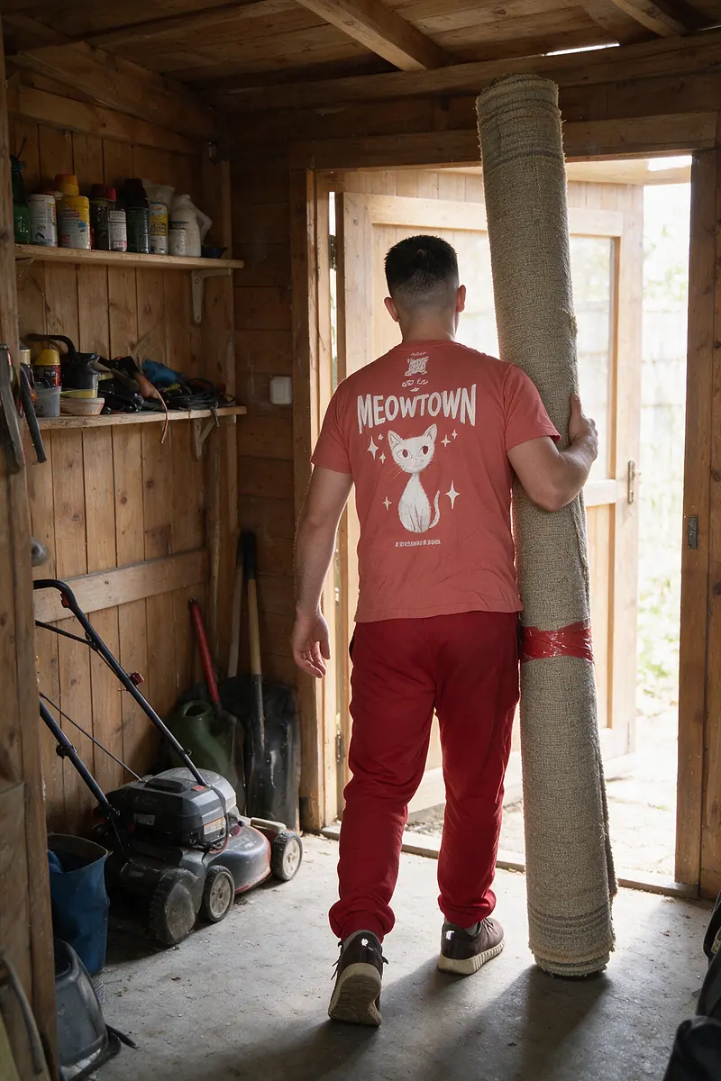 Red Cat shed mover carrying a rolled carpet out of a garden shed