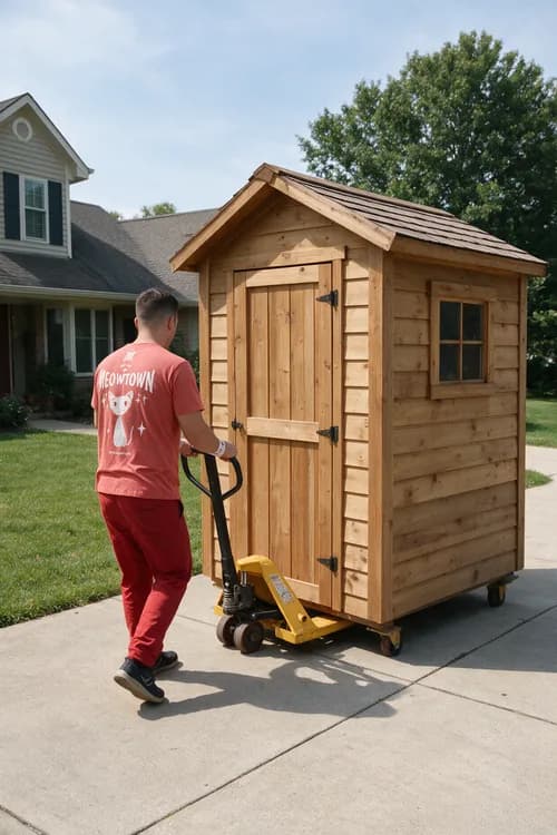Red Cat shed mover moving a full-size garden shed on a pallet jack