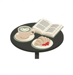 A latte and a croissant beside an open book