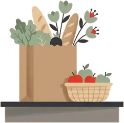 A grocery bag with vegetables and bread