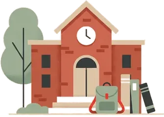 A brick school building with books on the steps